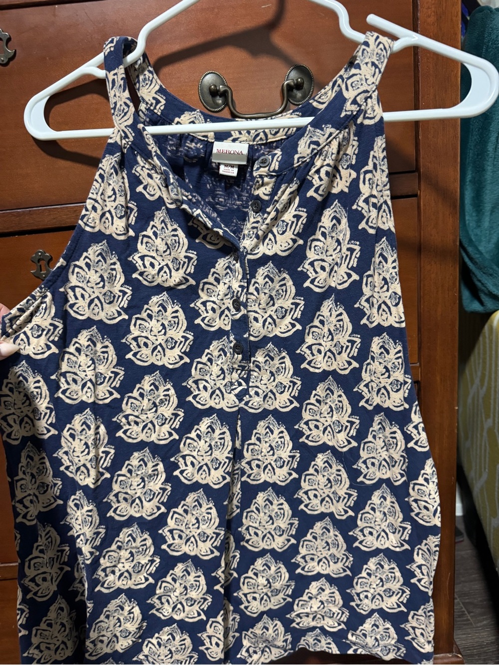 Blue and Tan sleeveless Ladies Medium, soft and comfy! Great work shirt!